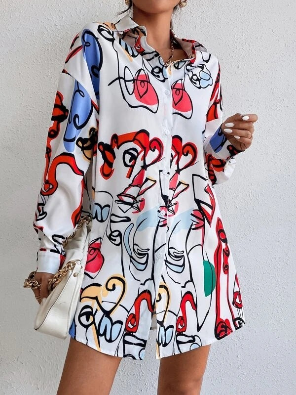 Ladies Fashion Belt Shirt Print Dress