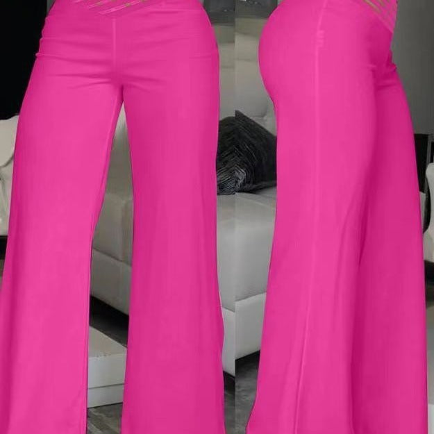 Women's Hollow Belt High Waist Casual Straight Loose Trousers Wide Leg Pants
