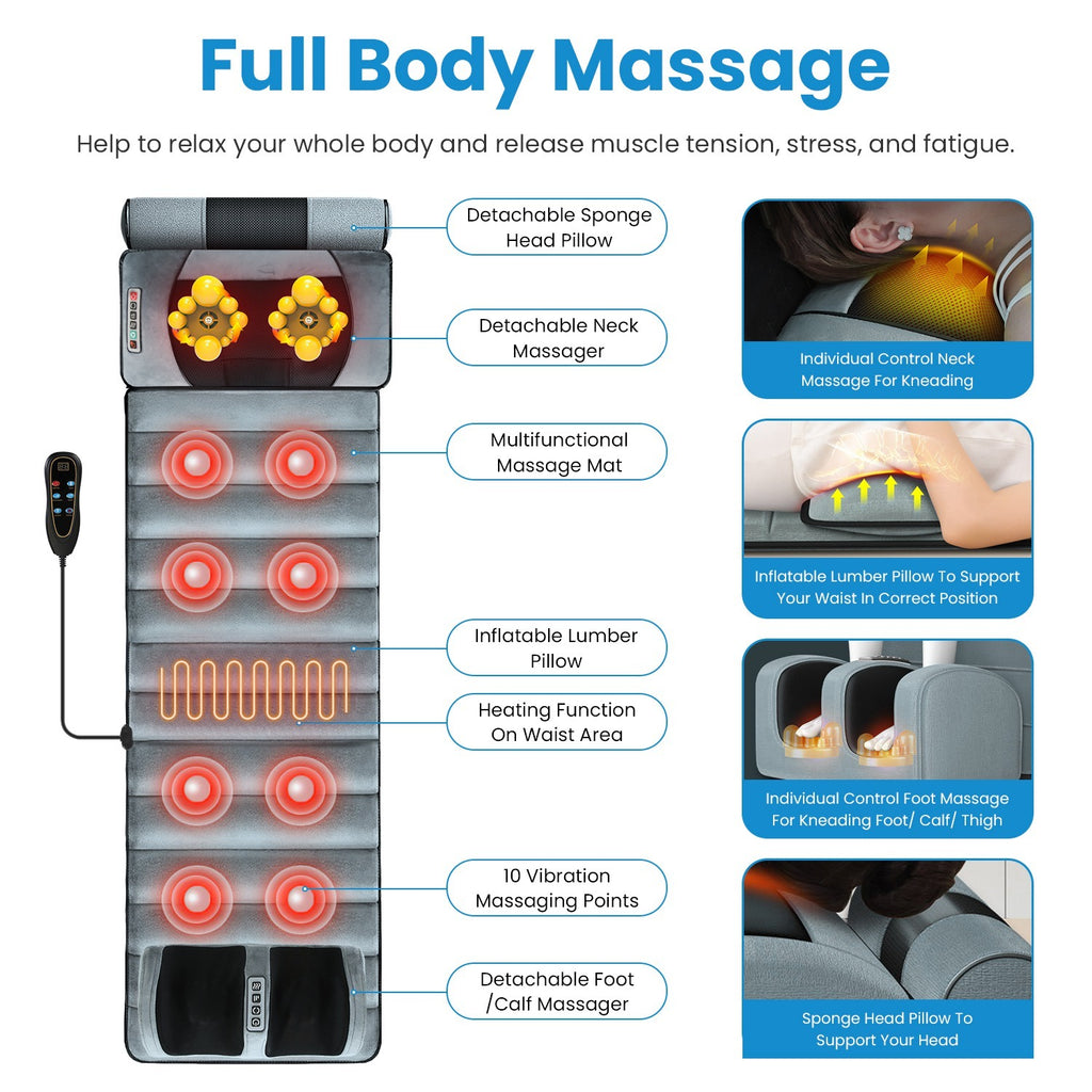 1Set Full Body Electric Massage Mat Heating Vibration Massage Pad Cushion Back Massage Mattress Chair Pad With Neck Foot Massage Head Pillow And Cloth Lumbar Pillow Timer Anti-Slip Bottom