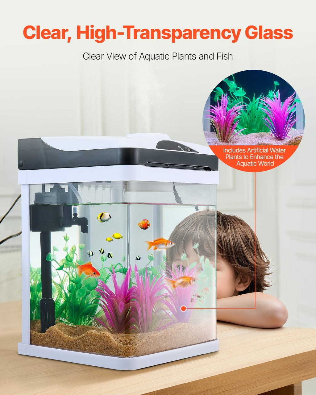 2 Gallon Fish Tank Aquarium LED Smart Square Clear Glass 7 Color Self Cleaning