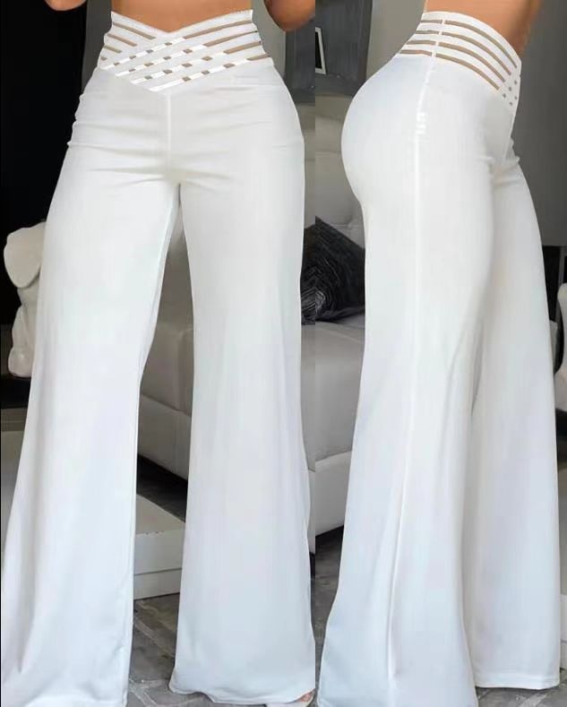Women's Hollow Belt High Waist Casual Straight Loose Trousers Wide Leg Pants