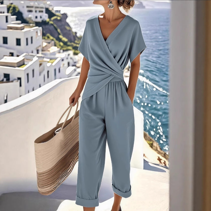 Fashion Solid Color Irregular Short Sleeve Suit