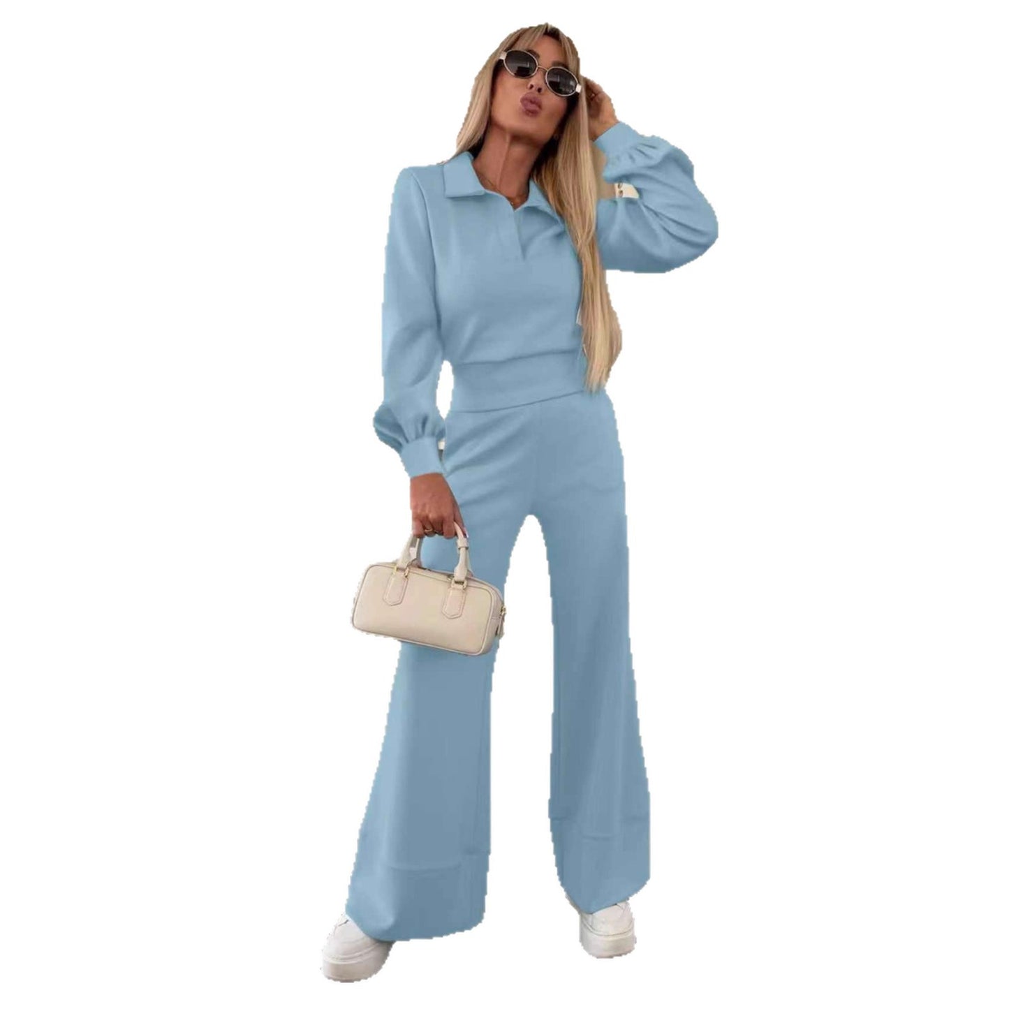 Long Sleeve Top Elastic Wide Leg Pants Two-piece Set