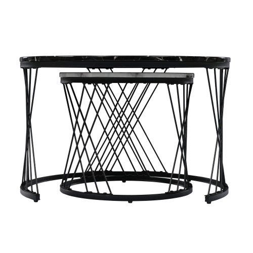 Round Coffee Table, Modern Coffee Table Set Of 2 Marble Pattern Top With Metal Frame, Small Side Table, End Table For Living Room, Bedroom, Home Office, Farmhouse, White And Black