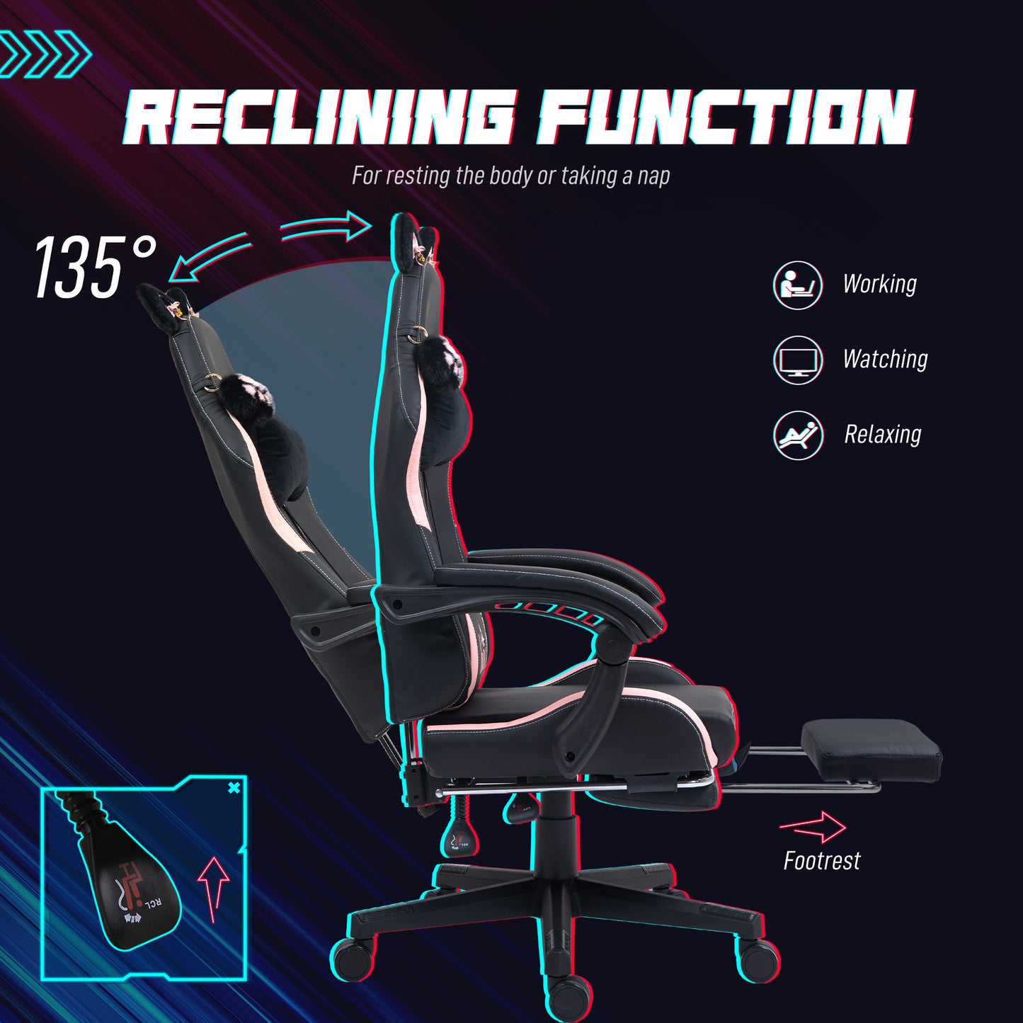 Cute Racing Gamer Chair, Faux Leather Gaming Chair With Footrest, Headrest And Lumbar Support, Black