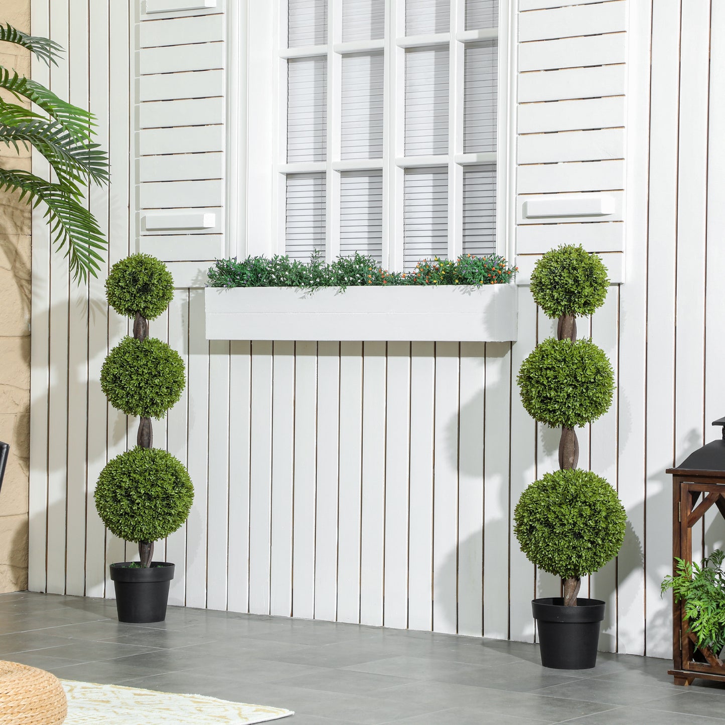 Set Of 2 Artificial Ball Boxwood Topiary Trees, Fake Plants In Pots For Indoor Outdoor Living Room, Green