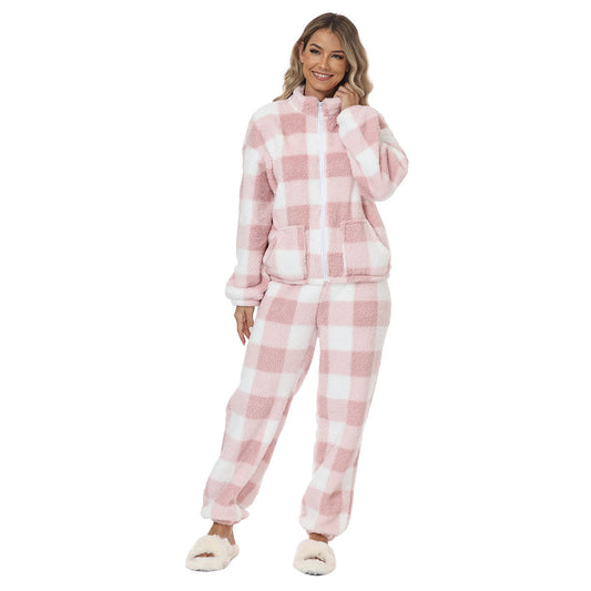 European And American Flannel Pink And White Plaids Ladies' Homewear Warm Suit