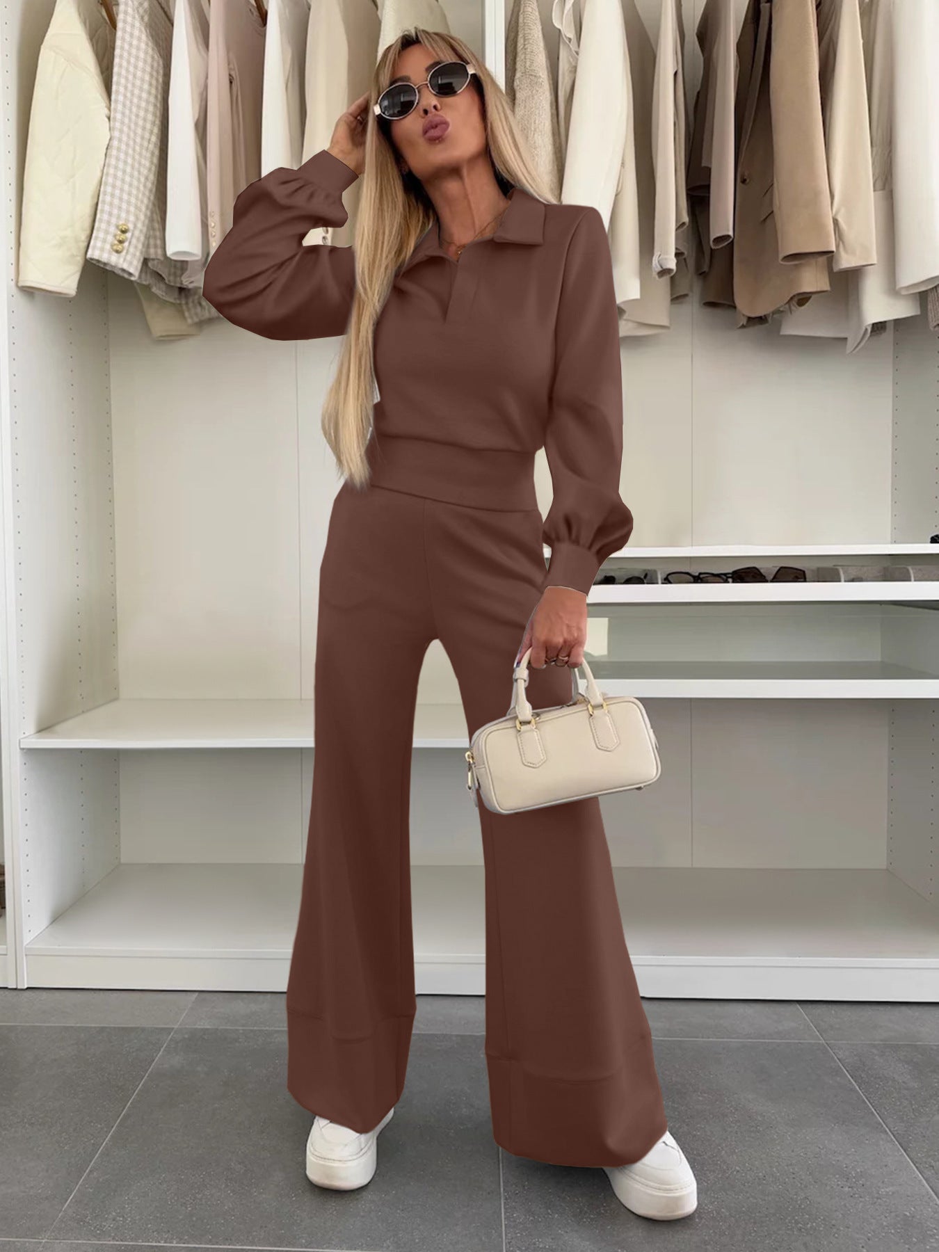 Long Sleeve Top Elastic Wide Leg Pants Two-piece Set