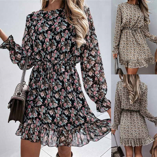 Elegant Print Long Sleeve Round Neck Pullover Women's Dress