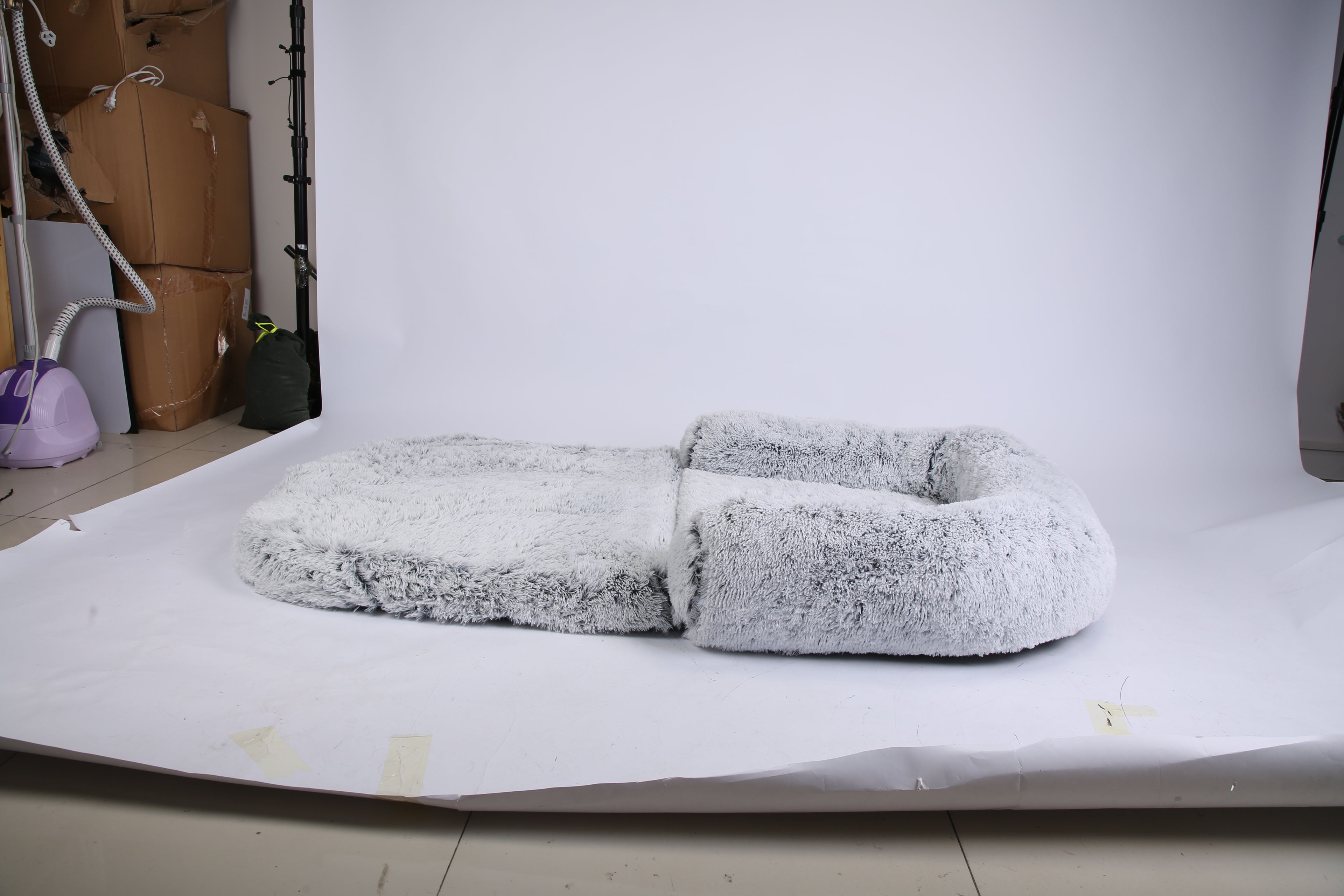 1Pc Large Foldable Human Size Dog Bed With Pillow Blanket Flurry Plush Napping Human-Sized Dog Bed Machine Washable Zipped Removable Cover For Pets Kids Adults Grey 71x45x10in