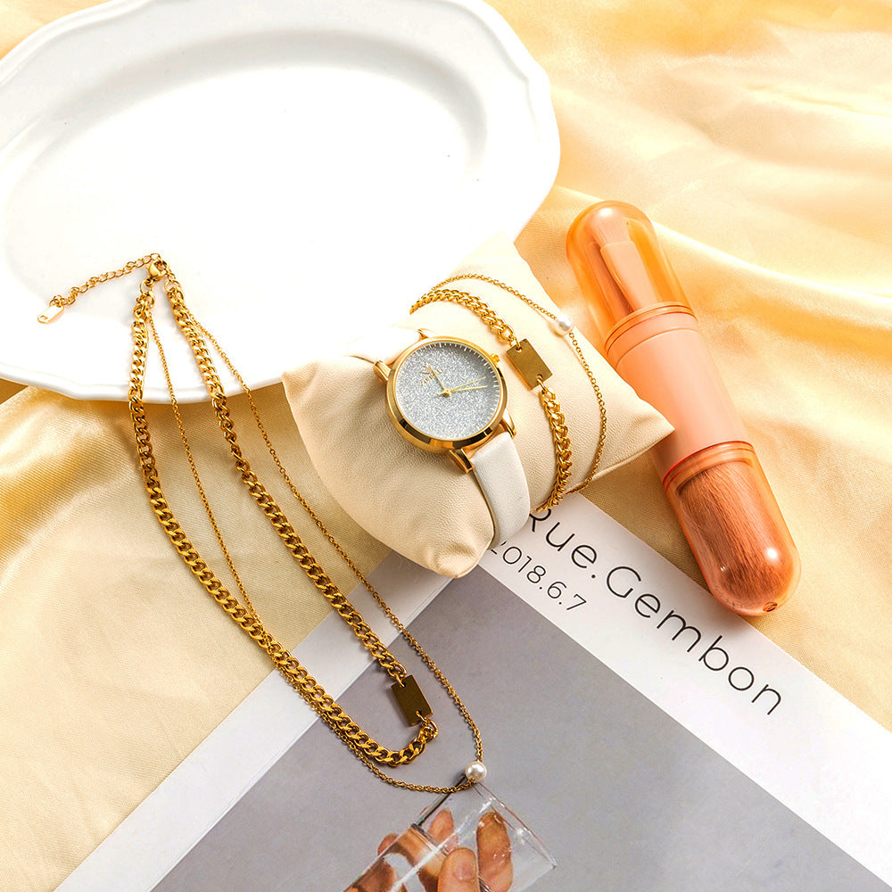 Quartz Watch Ladies Necklace PU Watch Titanium Steel Bracelet Makeup Brush 4-piece Gift Box