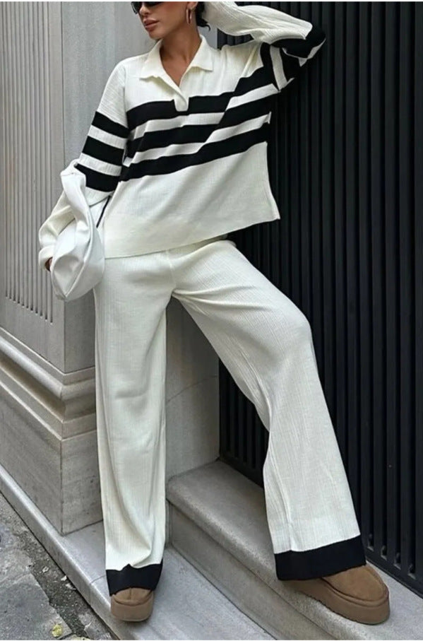 Fashion Women's Casual Polo Collar Striped Knitted Contrast Color Two-piece Set