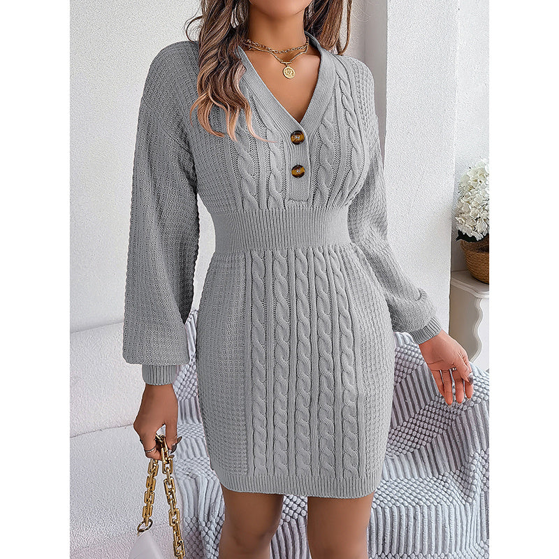 Women's Cable Knit Sweater Dress - V-Neck Button Front Lantern Sleeve Bodycon Mini Dress With Elastic Waist For Fall