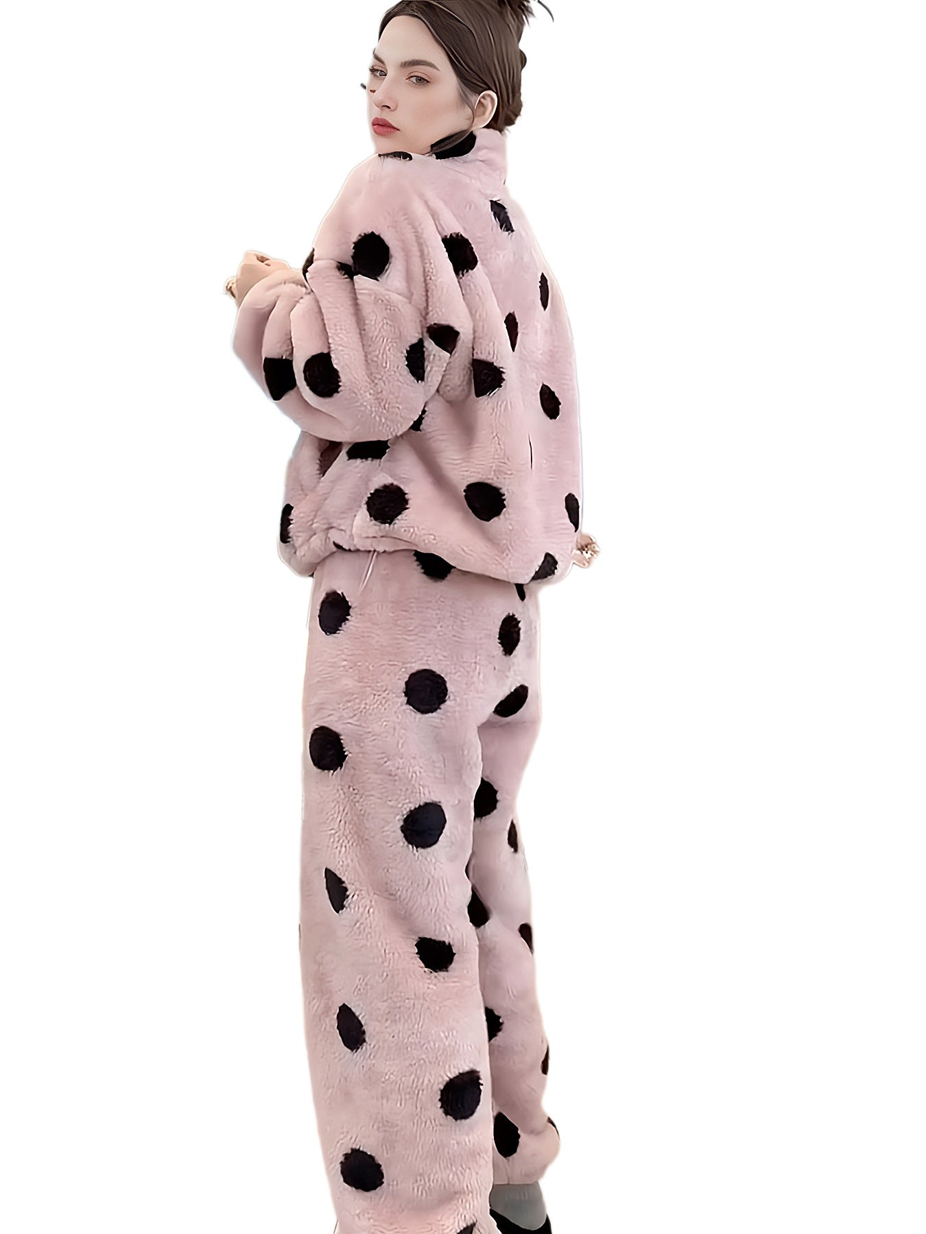 Cute Casual Pajamas For Women Winter Fleece-lined Thickened Polka Dot Turtleneck Drawstring Suit