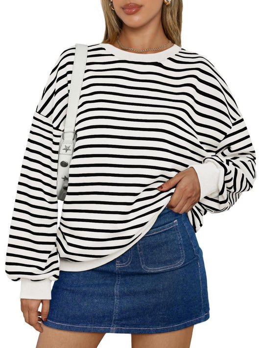 Striped Long-sleeved Crew Neck Oversized Sweatshirt Y2K Sweatshirt