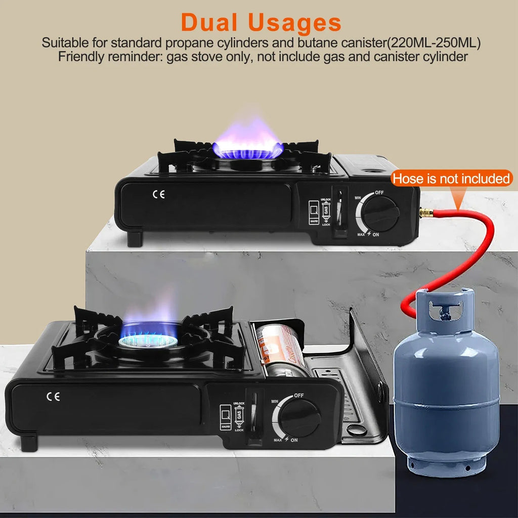 3300W Portable Camping Stove Butane Canister Dual Fuel Burner Piezo Electric Ignition Single Burner With Automatic Tank Ejection Overpressure Cut Off Carry Case For Camping Hiking Picnic Fishing