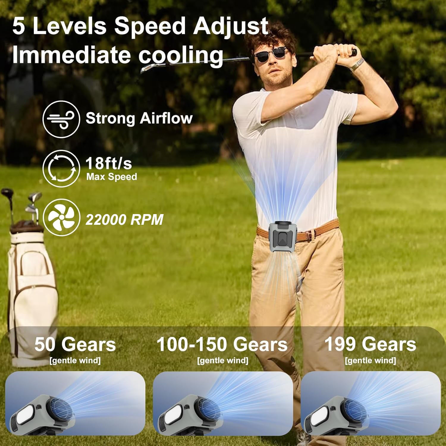 10000mAh Portable Waist Fan, Clip On Wearable Belt Personal Fan, Rechargeable Battery Powered, With 5 Speed Levels And A Flashlight, Suitable For Outdoor Camping And Traveling Gray