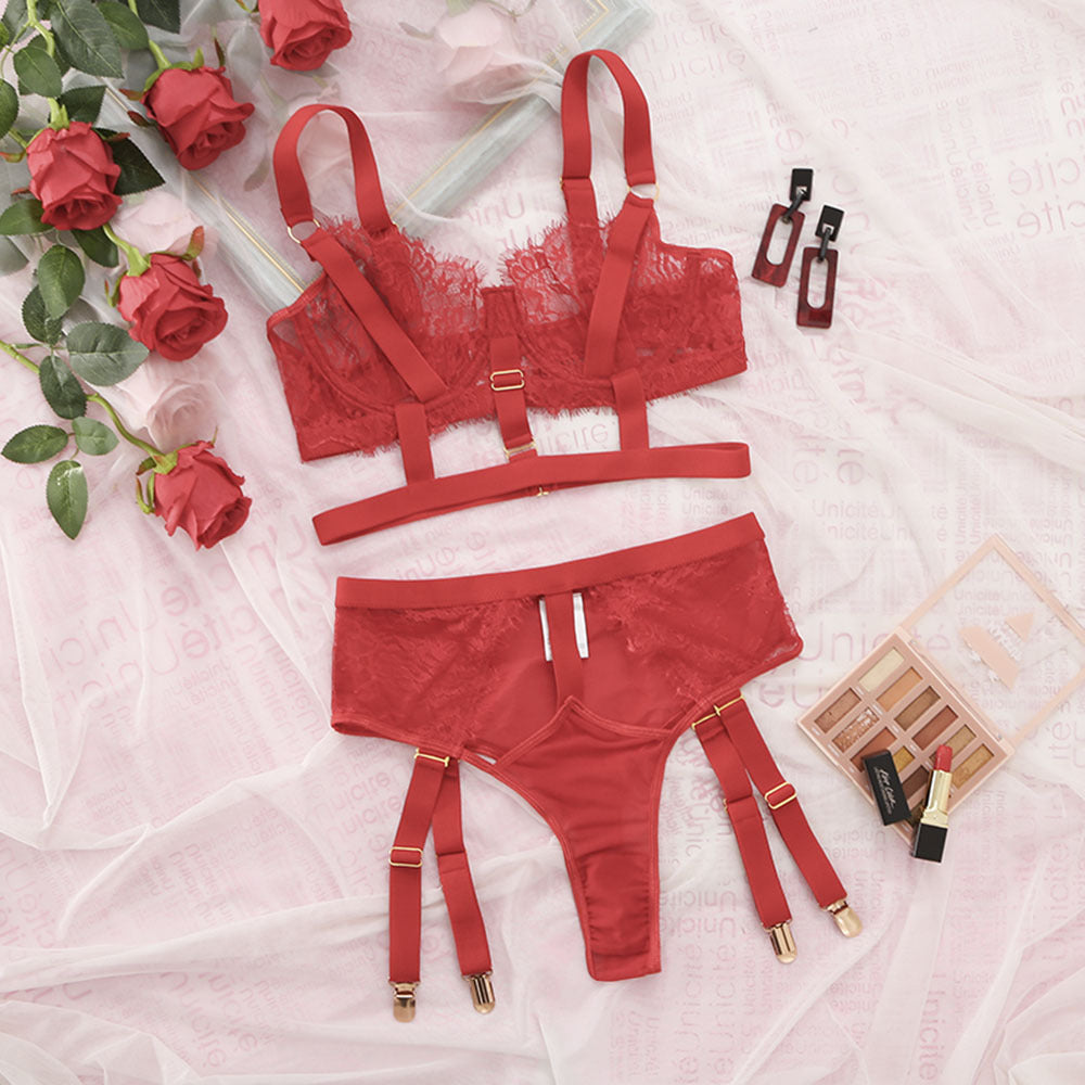 Lace Mesh Solid Color Women's Underwear Three-piece Set
