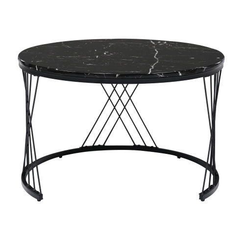 Round Coffee Table, Modern Coffee Table Set Of 2 Marble Pattern Top With Metal Frame, Small Side Table, End Table For Living Room, Bedroom, Home Office, Farmhouse, White And Black