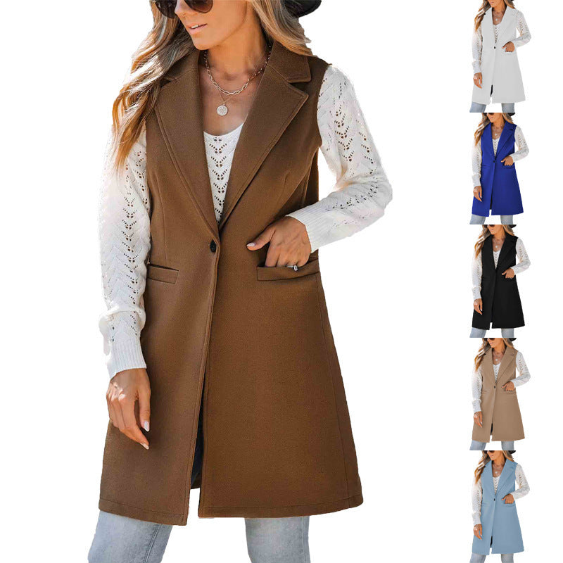 European And American Fall And Winter Lapels Button Sleeveless Woolen Coat For Women