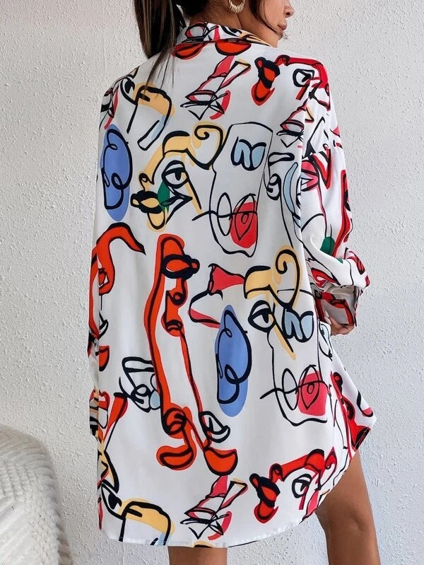 Ladies Fashion Belt Shirt Print Dress