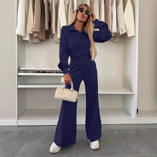 Long Sleeve Top Elastic Wide Leg Pants Two-piece Set