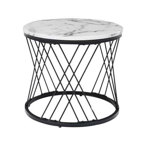 Round Coffee Table, Modern Coffee Table Set Of 2 Marble Pattern Top With Metal Frame, Small Side Table, End Table For Living Room, Bedroom, Home Office, Farmhouse, White And Black