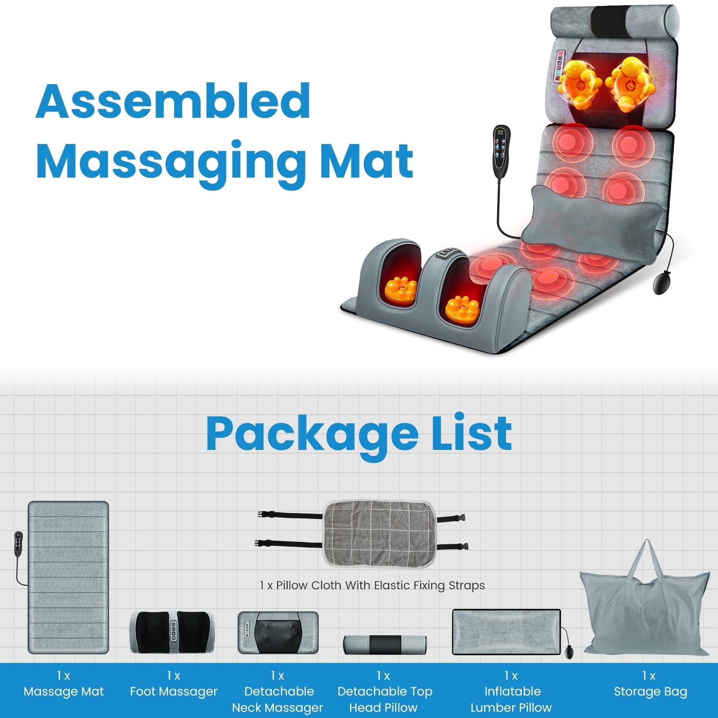 1Set Full Body Electric Massage Mat Heating Vibration Massage Pad Cushion Back Massage Mattress Chair Pad With Neck Foot Massage Head Pillow And Cloth Lumbar Pillow Timer Anti-Slip Bottom