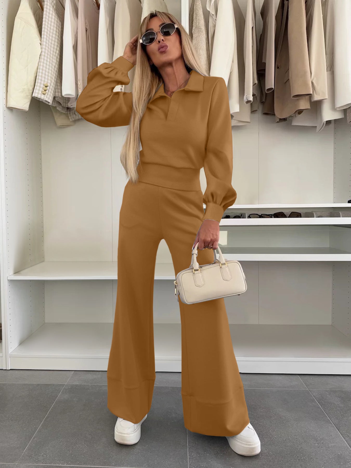 Long Sleeve Top Elastic Wide Leg Pants Two-piece Set