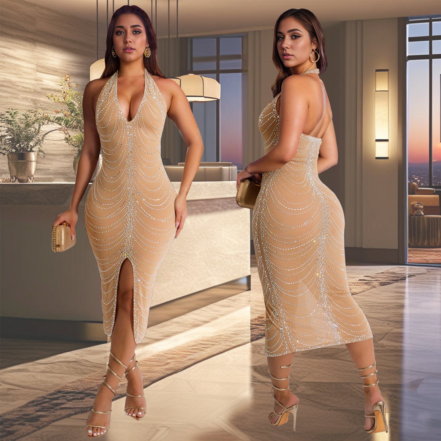 European And American Fashion Rhinestone Slim Fit Dress