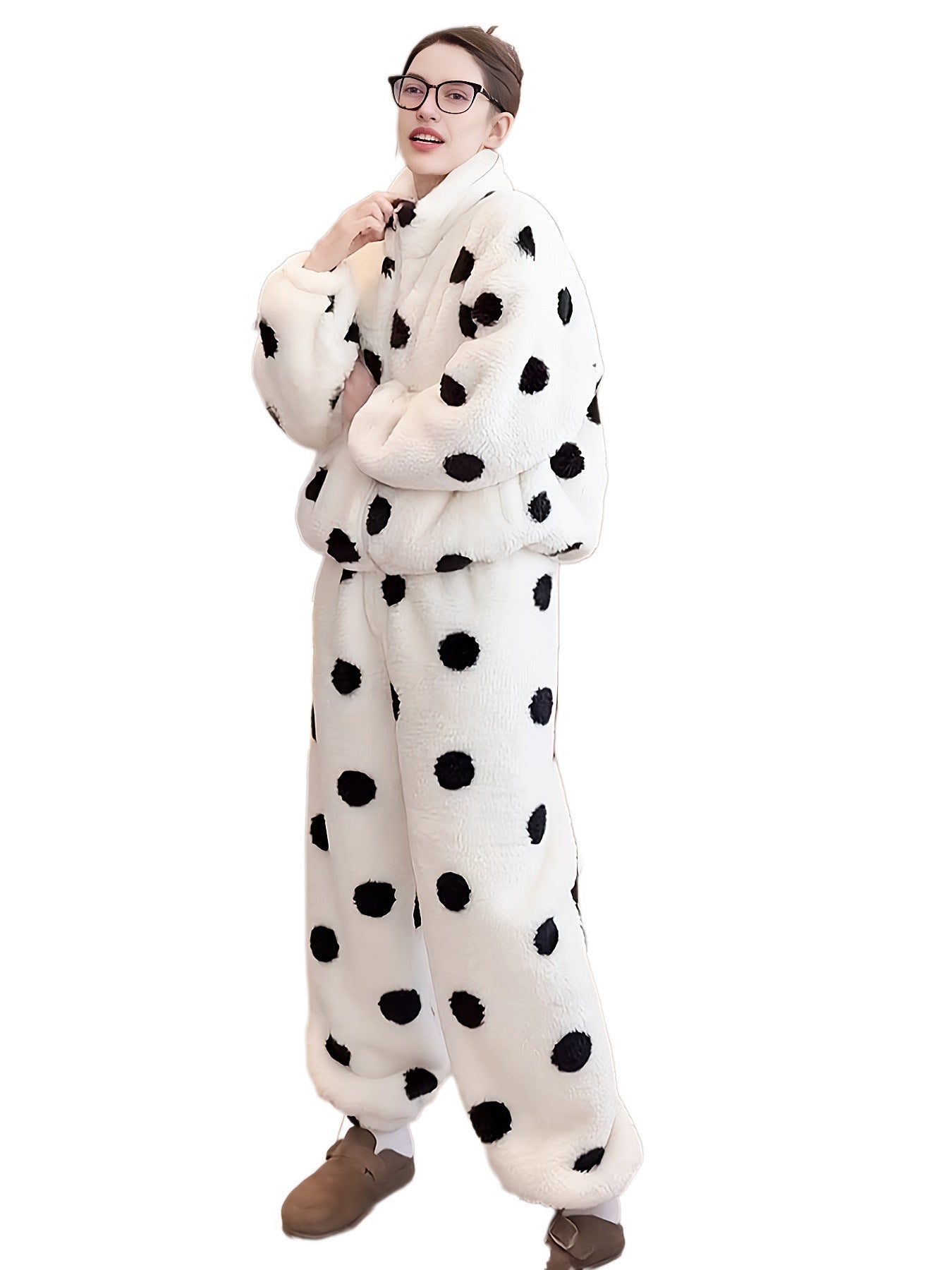 Cute Casual Pajamas For Women Winter Fleece-lined Thickened Polka Dot Turtleneck Drawstring Suit