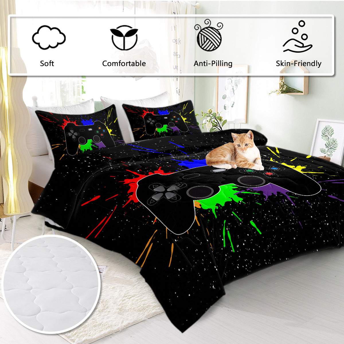 Black Video Game Comforter For Girls Boys Red Blue Green Purple Yellow Ink Game Controller Bedding Boy Bedroom Living Bed Decor With 1 Comforter 2 Pillow Shams