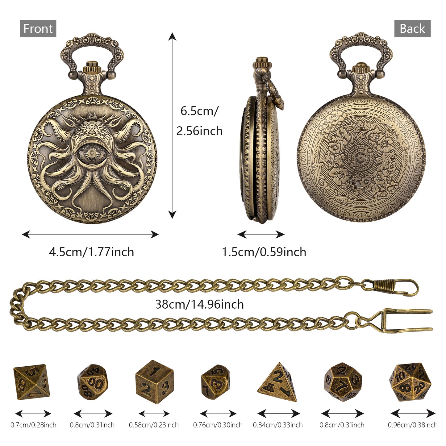 Steampunk Cyclops Octopus Pocket Watch Dice Set DND Game 7-Piece Set Dice Storage Box Retro Alloy Dice Full Set Portable Decorative Gift