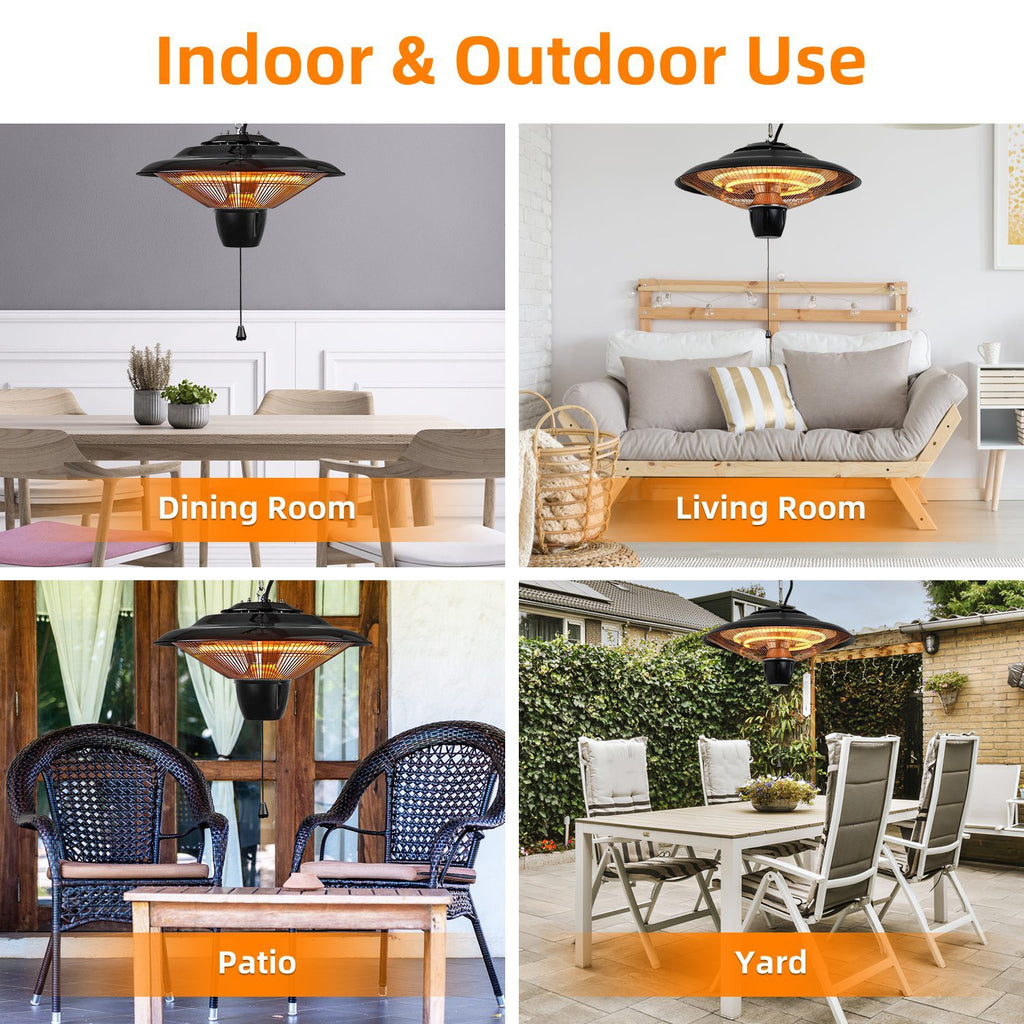1Pc 1500W Outdoor Hanging Patio Heater Ultra-Quiet Electric Heating Lamp IP23 Waterproof 2 Heating Levels Overheating Protection Ceiling Mounted Outdoor Heater
