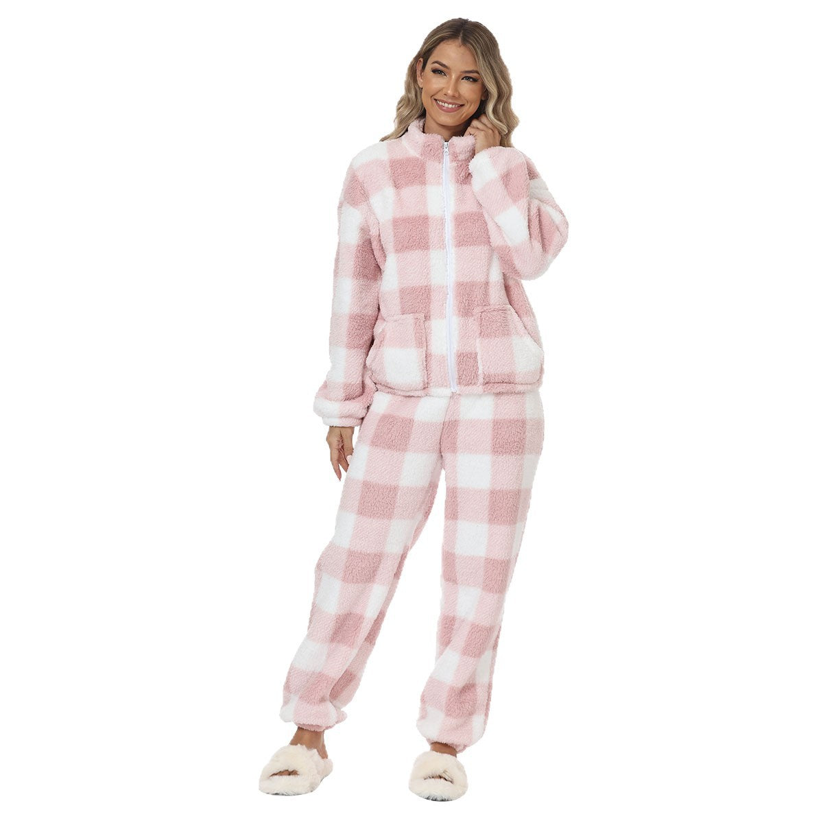 European And American Flannel Pink And White Plaids Ladies' Homewear Warm Suit