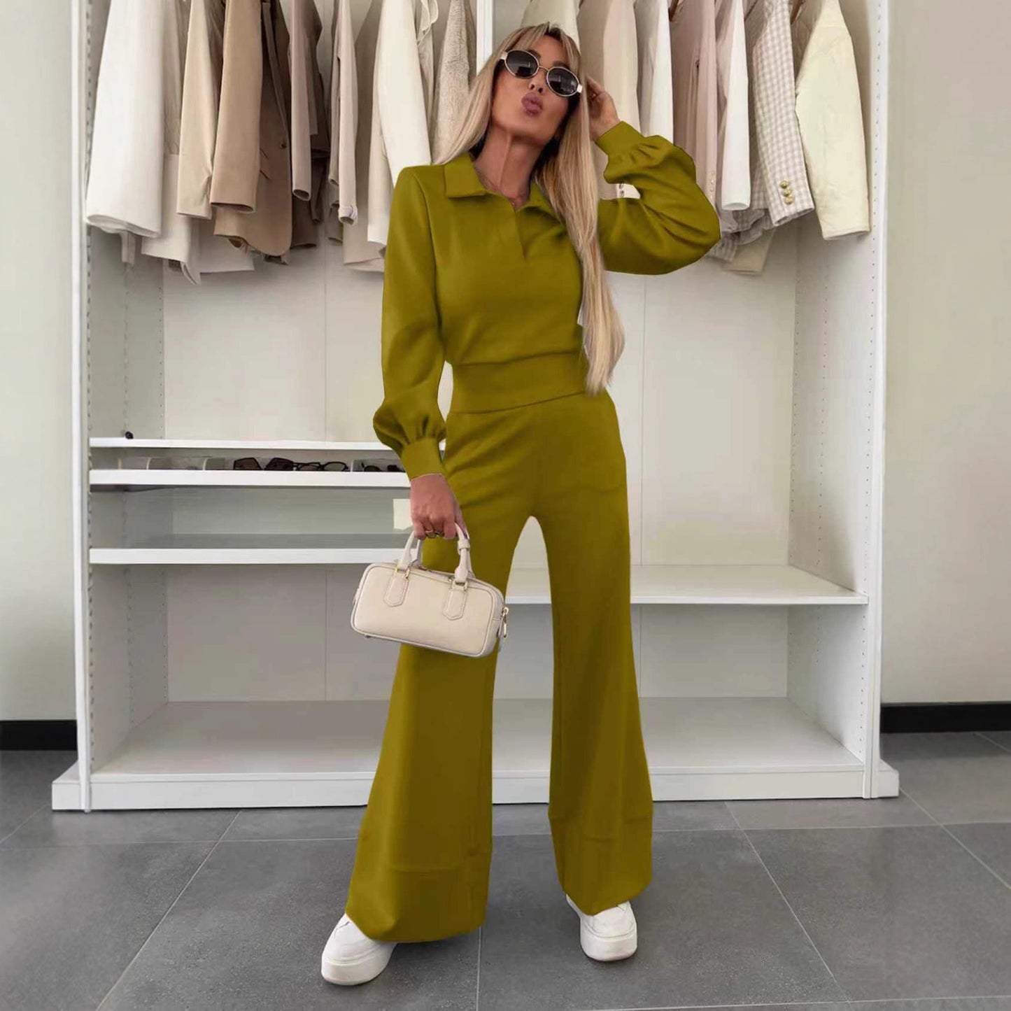 Long Sleeve Top Elastic Wide Leg Pants Two-piece Set