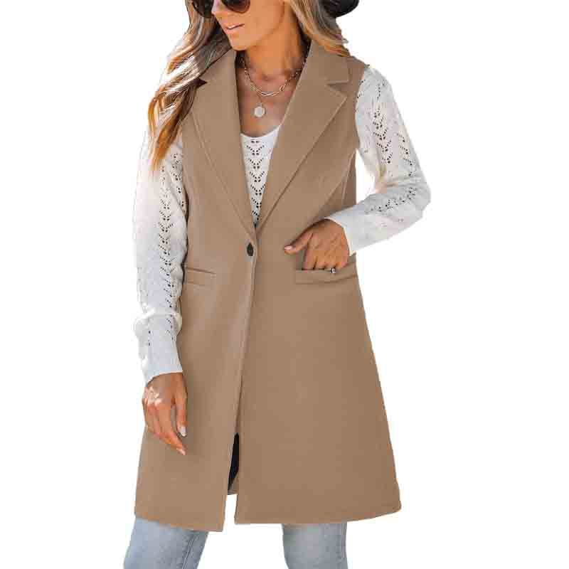 European And American Fall And Winter Lapels Button Sleeveless Woolen Coat For Women