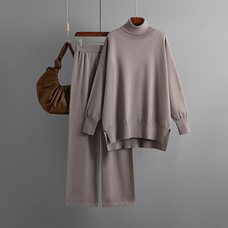 Solid Color Slit Sweater Loose Casual Knitted Two-piece