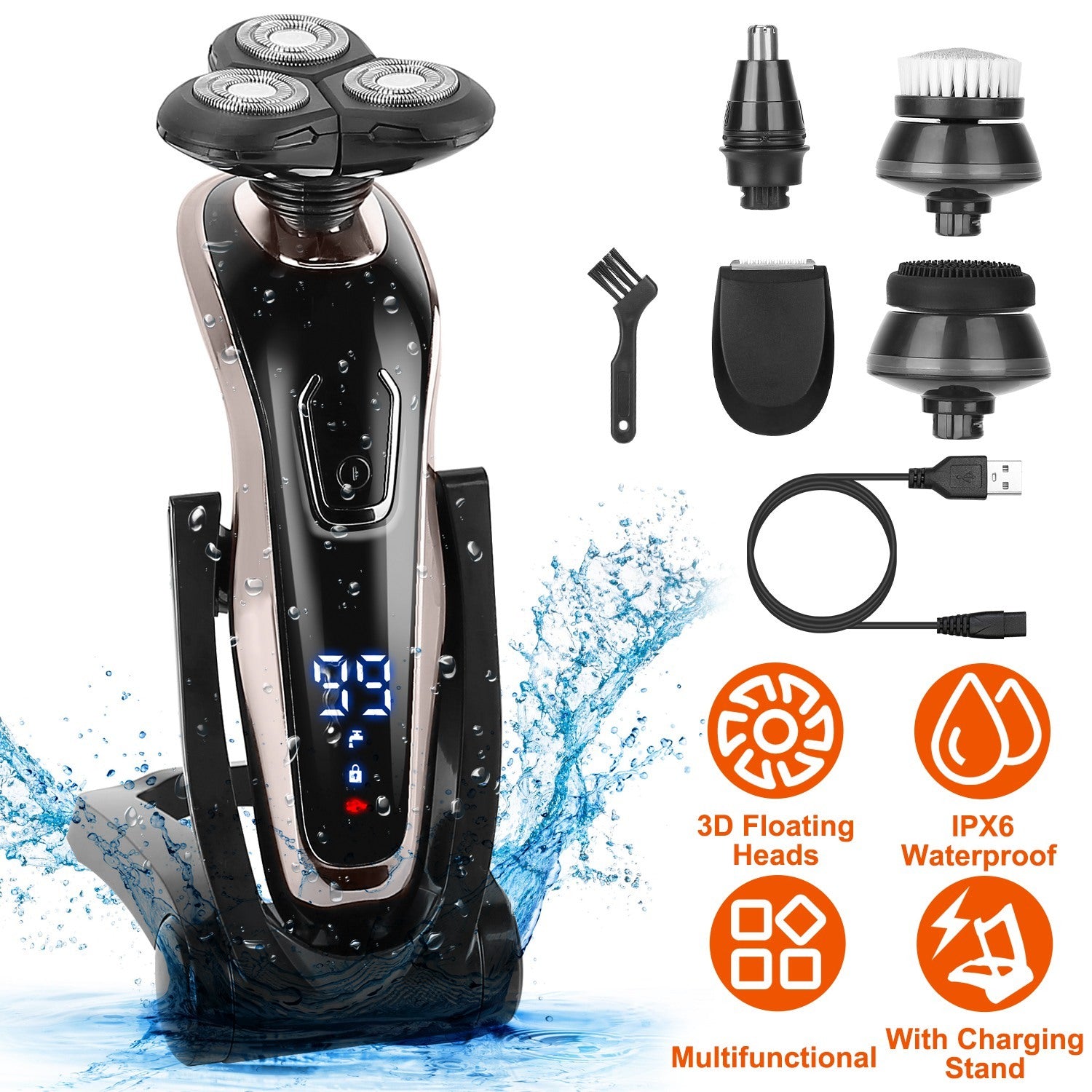 1Pack 5 In 1 Electric Razor Shaver Rechargeable Cordless Head Beard Trimmer Shaver Kit IPX6 Waterproof Dry Wet Grooming Kit