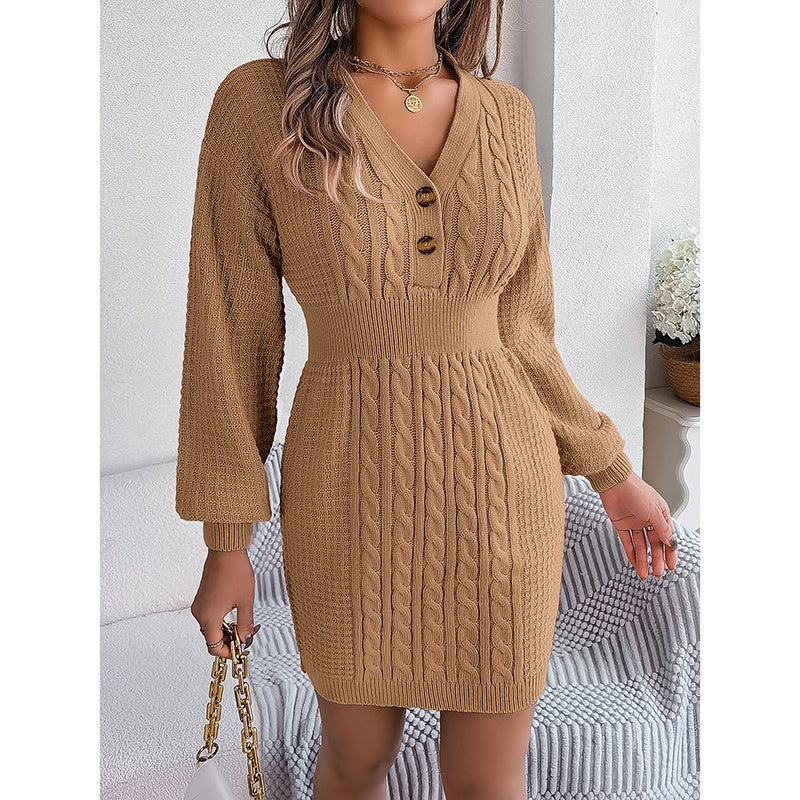 Women's Cable Knit Sweater Dress - V-Neck Button Front Lantern Sleeve Bodycon Mini Dress With Elastic Waist For Fall